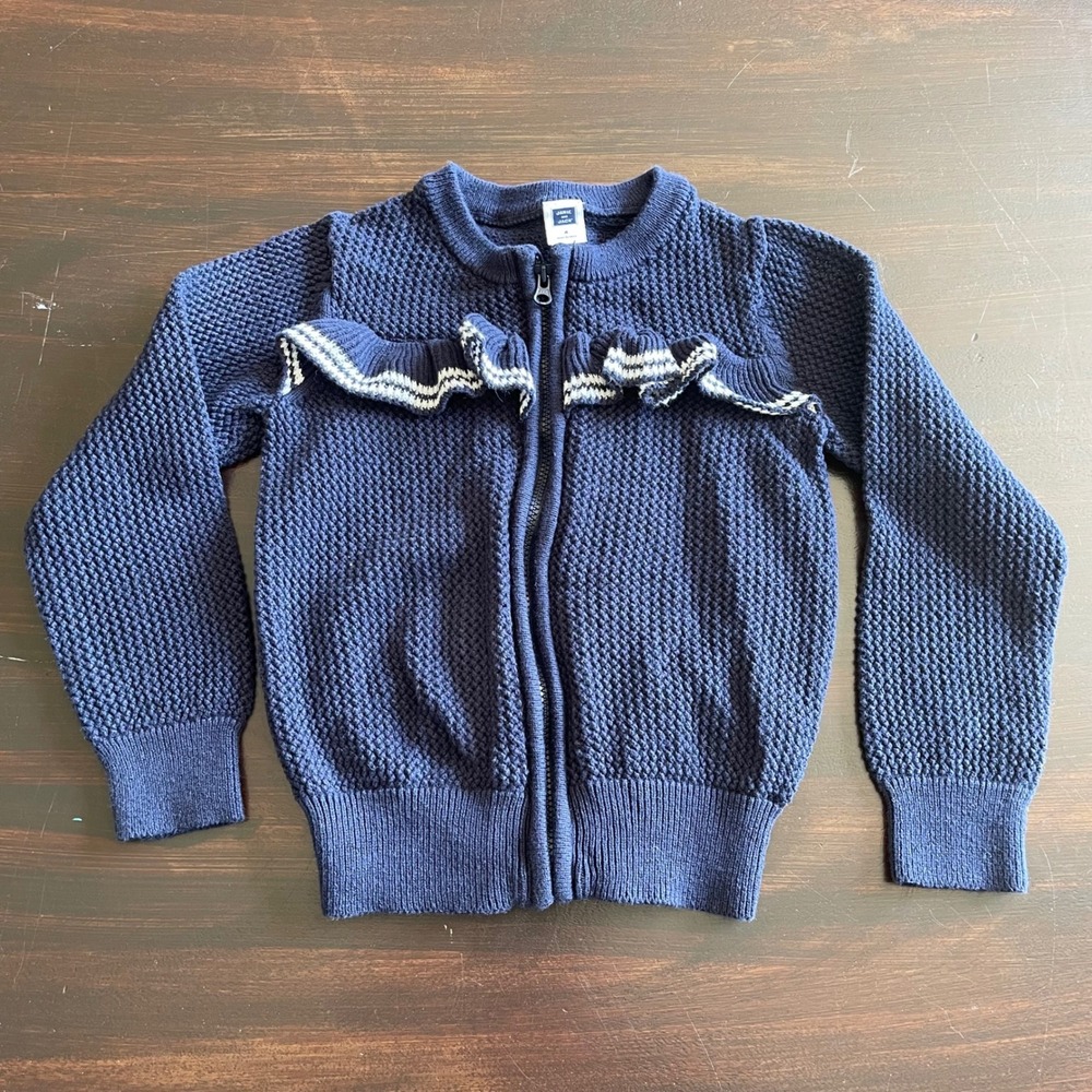 Janie and Jack Girls Navy Blue Ruffle Zip Front Cotton‎ Knit Cardigan Sweater 4